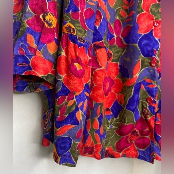 Vintage Oversized Collar Long Sleeve Red Floral Tunic Sz Med - Picture 4 of 7